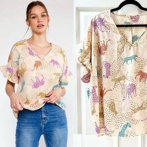 Entro Colorful Cheetah Print Ruffle Sleeve Blouse Top Cream Animal Print Sz L